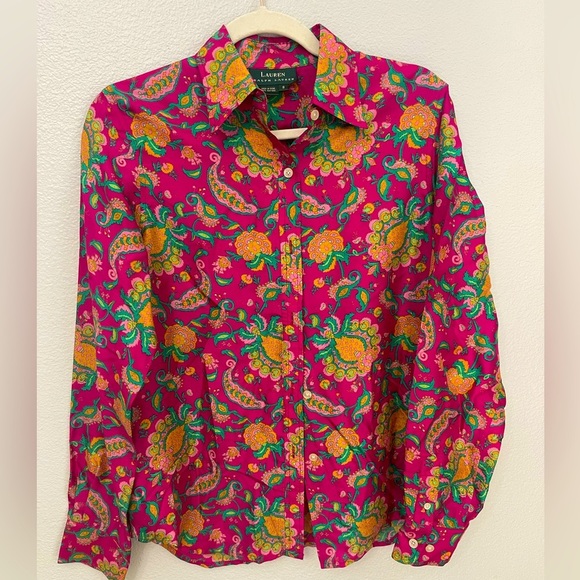 Ralph Lauren Tops - Ralph Lauren 100% Silk Pink Floral Paisley Collared Shirt Size S